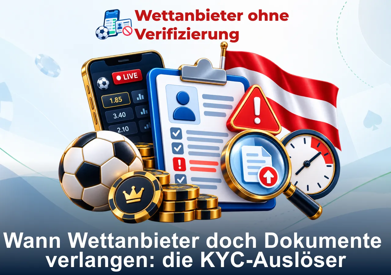 KYC-Auslöser bei Wettanbietern mit Dokumentenprüfung, Warnsymbol, Uhr, Lupe und österreichischer Flagge im Hintergrund.
